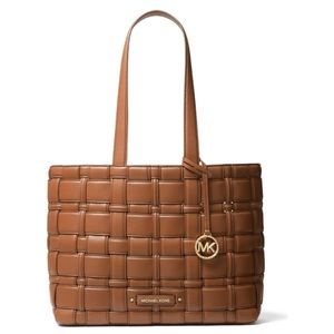 New Michael Kors Ivy woven east west tote luggage Gold tote handbag bag